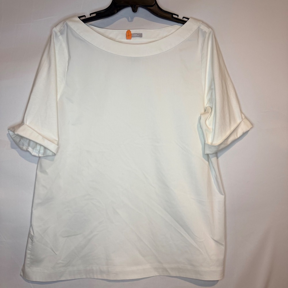 Chicos No-Iron Chic Stretch White Boat Neck Cuffed Short Sleeve Top Size 2 L